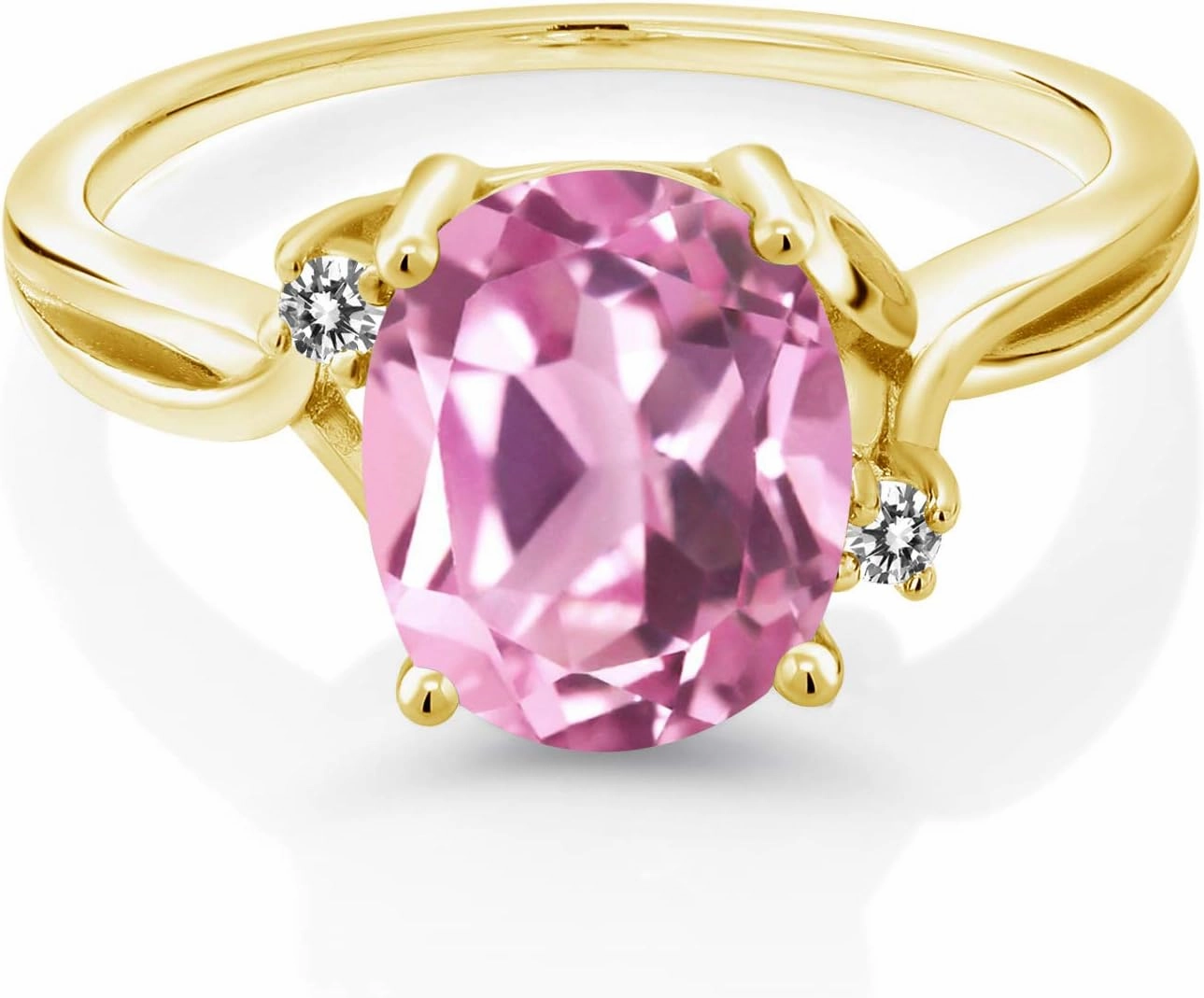 18K Yellow Gold Plated Silver Light Pink Created Sapphire and White Diamond 3 Stone Ring For Women (3.03 Cttw, Oval 10X8MM, Gemstone September Birthstone, Available In Size 5, 6, 7, 8, 9)