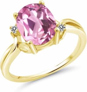 18K Yellow Gold Plated Silver Light Pink Created Sapphire and White Diamond 3 Stone Ring For Women (3.03 Cttw, Oval 10X8MM, Gemstone September Birthstone, Available In Size 5, 6, 7, 8, 9)