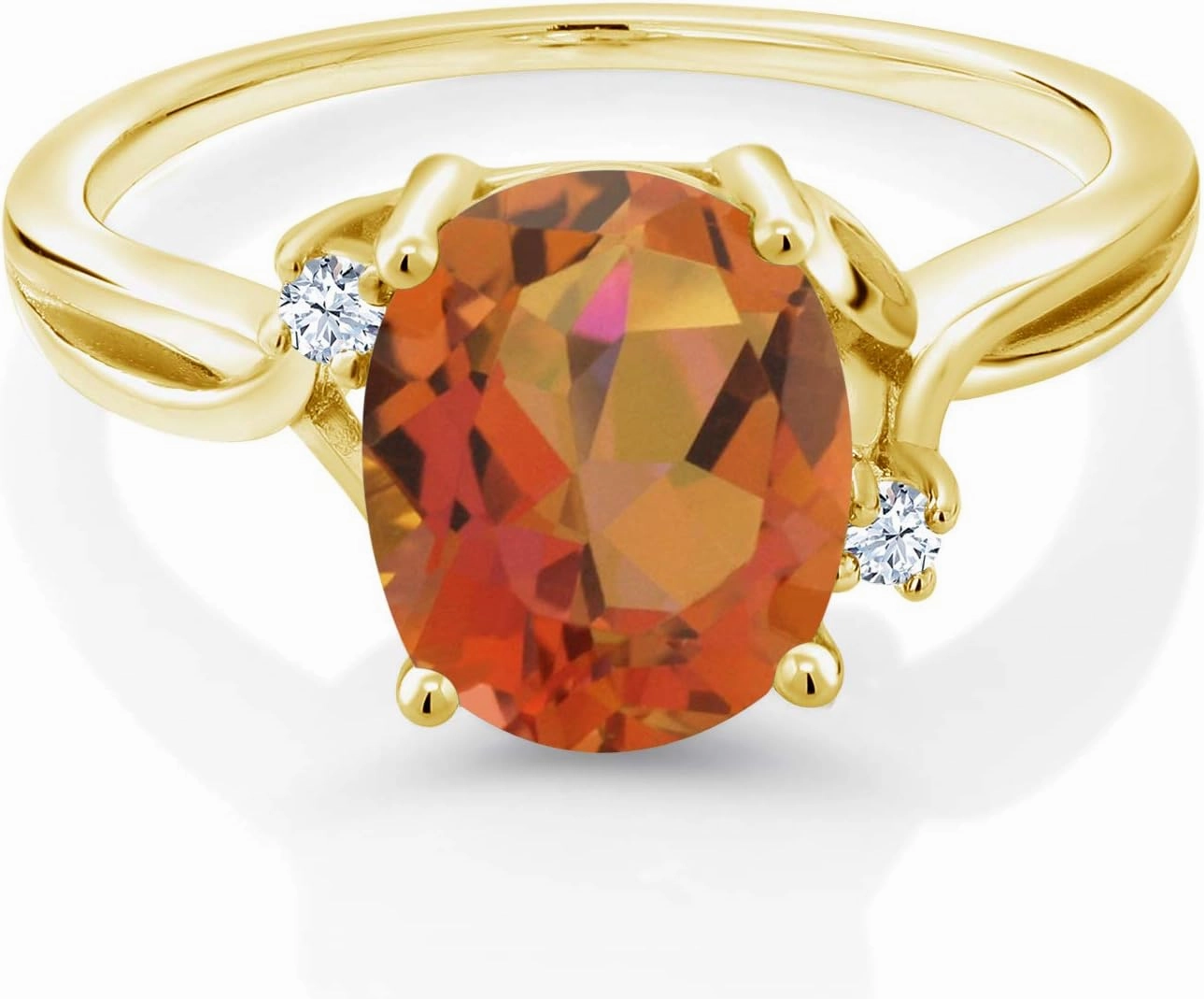 18K Yellow Gold Plated Silver Twilight Orange Mystic Quartz and White Created Sapphire 3 Stone Ring For Women (2.73 Cttw, Oval 10X8MM, Gemstone Birthstone, Available In Size 5, 6, 7, 8, 9)