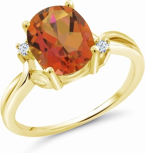 18K Yellow Gold Plated Silver Twilight Orange Mystic Quartz and White Created Sapphire 3 Stone Ring For Women (2.73 Cttw, Oval 10X8MM, Gemstone Birthstone, Available In Size 5, 6, 7, 8, 9)