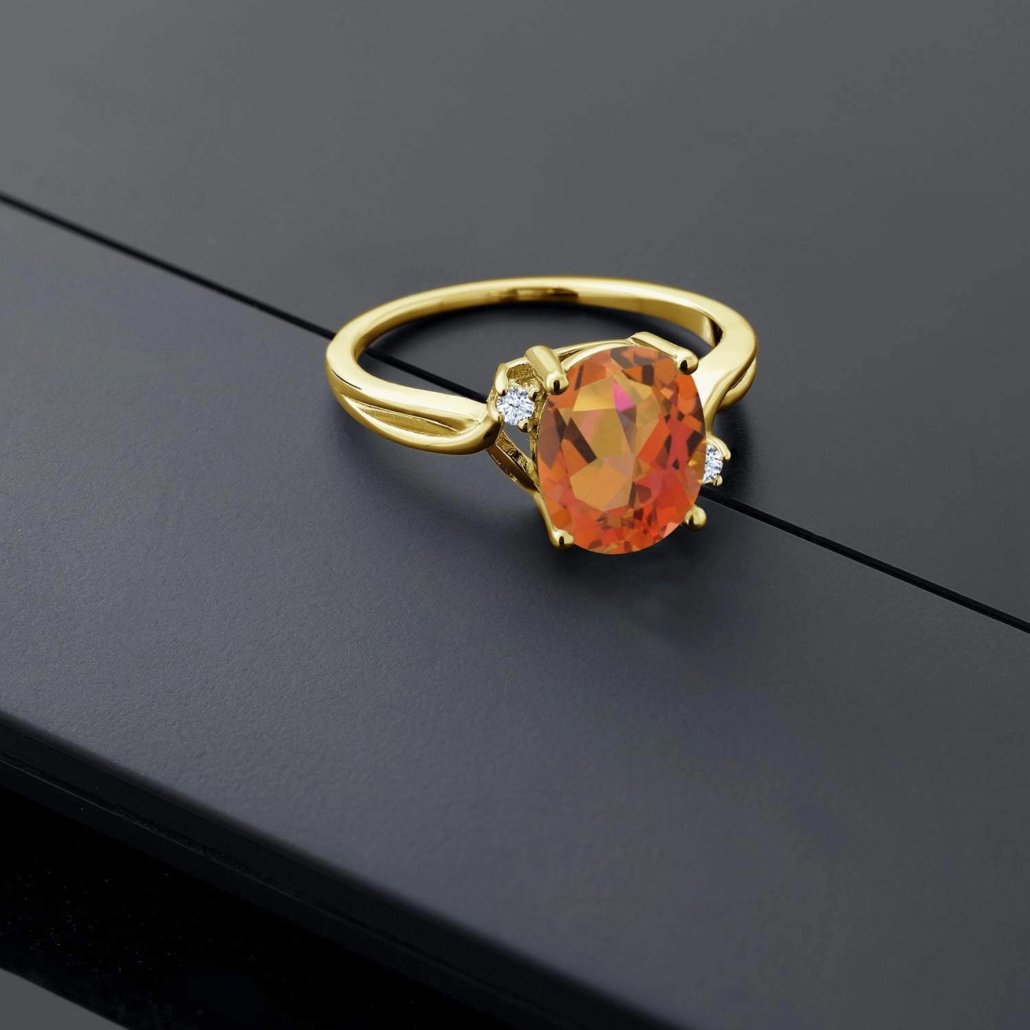 18K Yellow Gold Plated Silver Twilight Orange Mystic Quartz and White Created Sapphire 3 Stone Ring For Women (2.73 Cttw, Oval 10X8MM, Gemstone Birthstone, Available In Size 5, 6, 7, 8, 9)