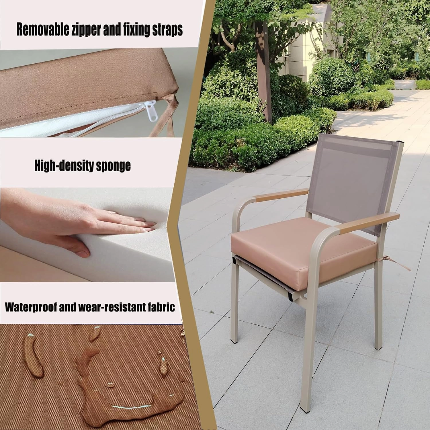 18x18inch Patio Cushions,Replacement Cushions for Outdoors Waterproof Stain-Resistant Durable Reversible Thick Chair Cushion/with Removable Cover,with Ties 2 Pack (Khaki)