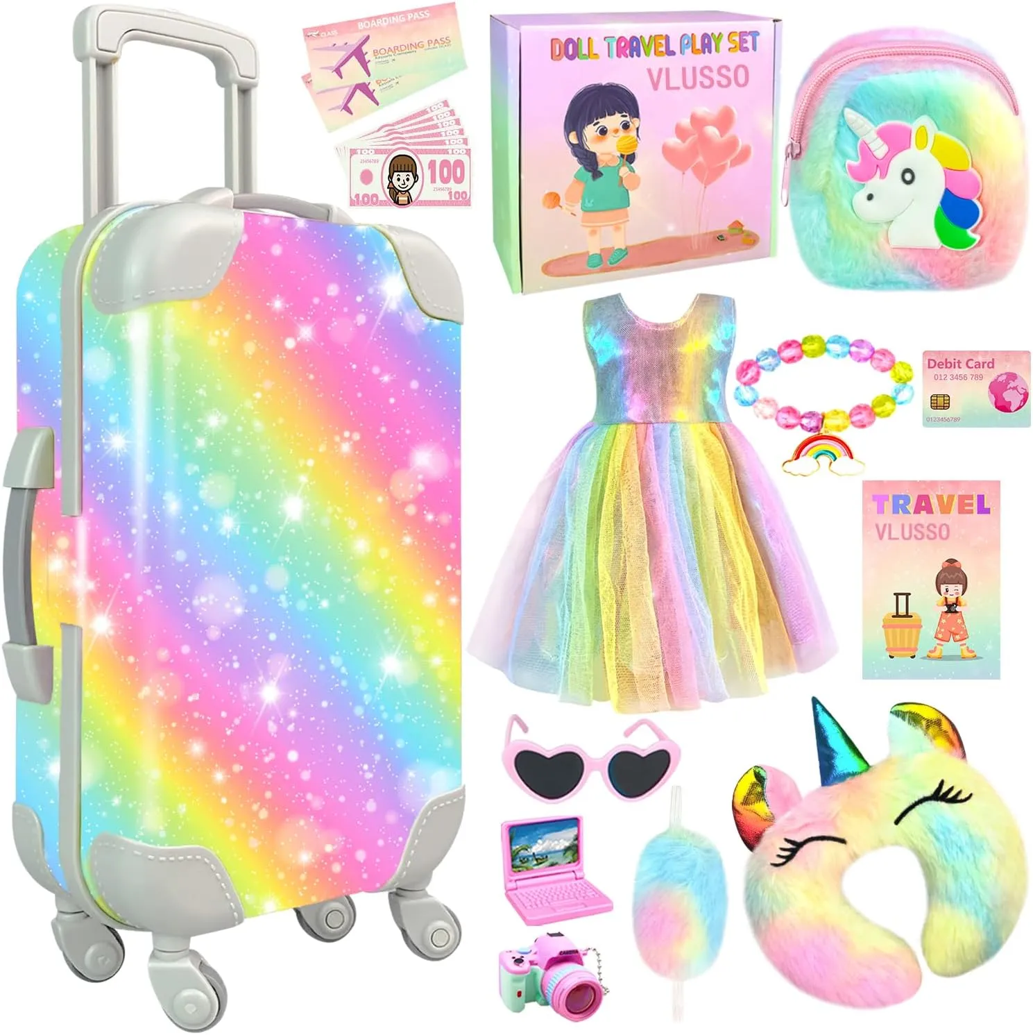 19Pcs 18 inch Girl Doll Accessories Case Luggage Travel Play Set with Clothes, Camera, Travel Pillow, Bag, Dress, Glasses, Stuff for 18 inch Doll - Christmas & Birthday Gift