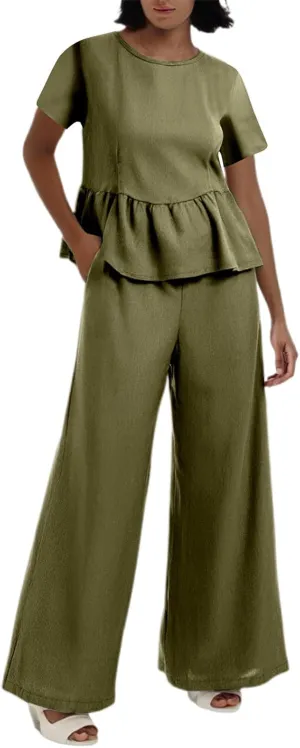 2 Piece Linen Sets for Women Casual Tracksuit Short Sleeve Tops and Wide Leg Long Pants Matching Lounge Wear