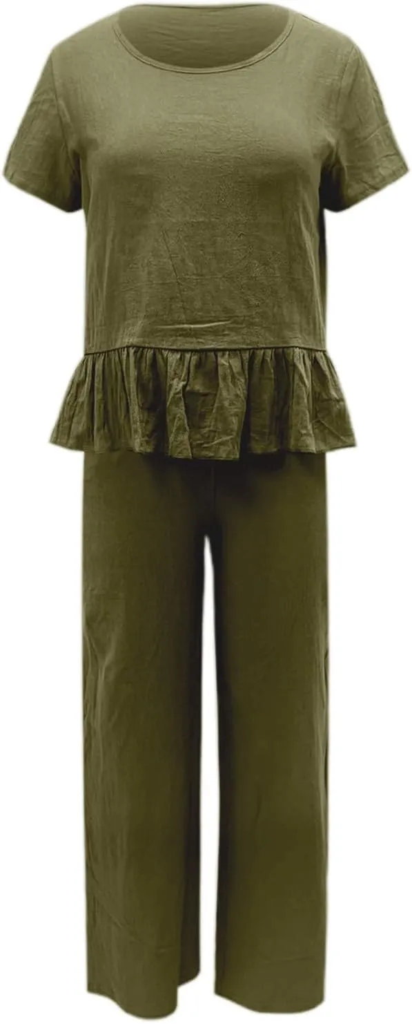 2 Piece Linen Sets for Women Casual Tracksuit Short Sleeve Tops and Wide Leg Long Pants Matching Lounge Wear