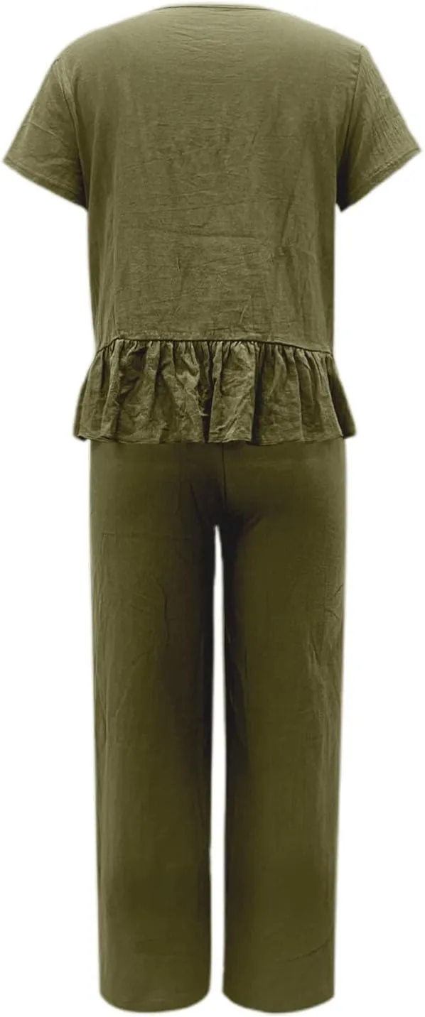 2 Piece Linen Sets for Women Casual Tracksuit Short Sleeve Tops and Wide Leg Long Pants Matching Lounge Wear