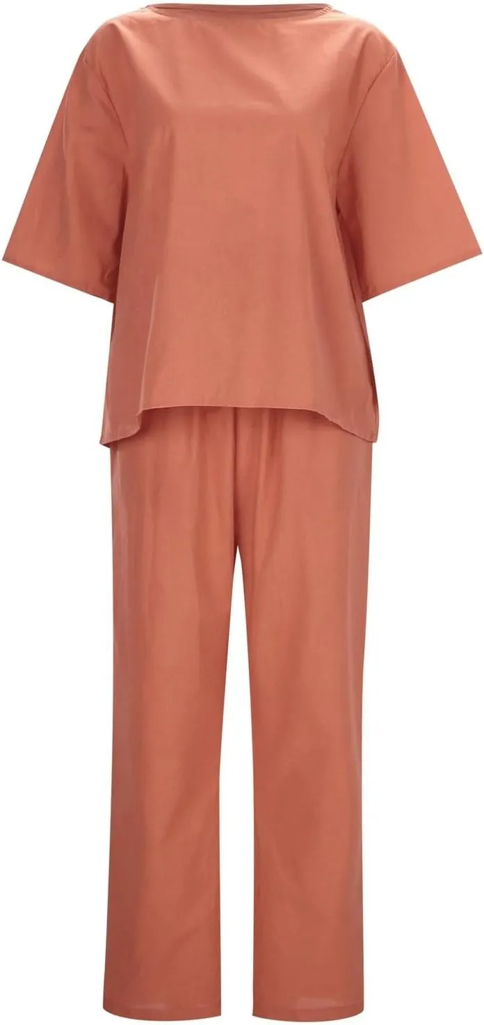 2 Piece Linen Sets for Women Linen Short Sleeve Top and Wide Leg Pants Lounge Matching Tracksuits Trendy Clothes
