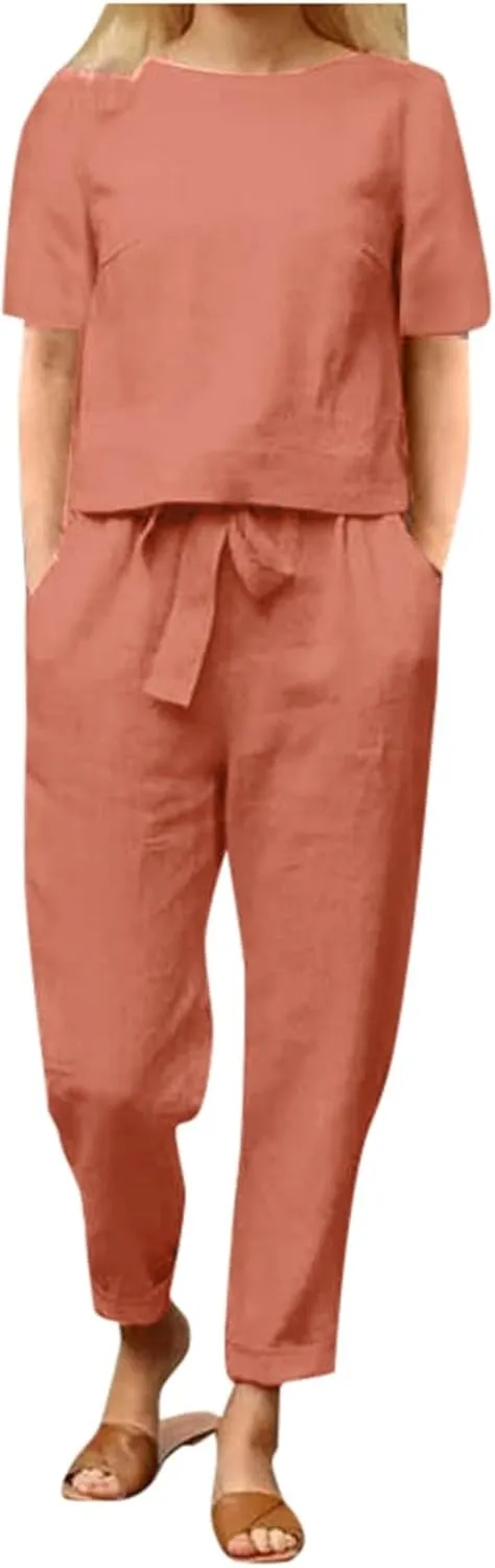 2 Piece Linen Sets for Women Linen Short Sleeve Top and Wide Leg Pants Lounge Matching Tracksuits Trendy Clothes