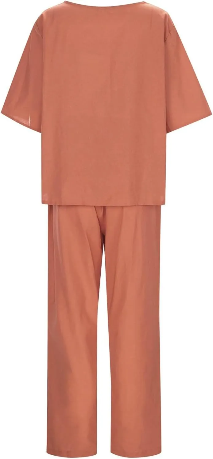 2 Piece Linen Sets for Women Linen Short Sleeve Top and Wide Leg Pants Lounge Matching Tracksuits Trendy Clothes