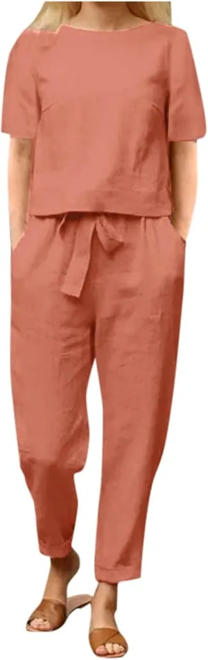 2 Piece Linen Sets for Women Linen Short Sleeve Top and Wide Leg Pants Lounge Matching Tracksuits Trendy Clothes