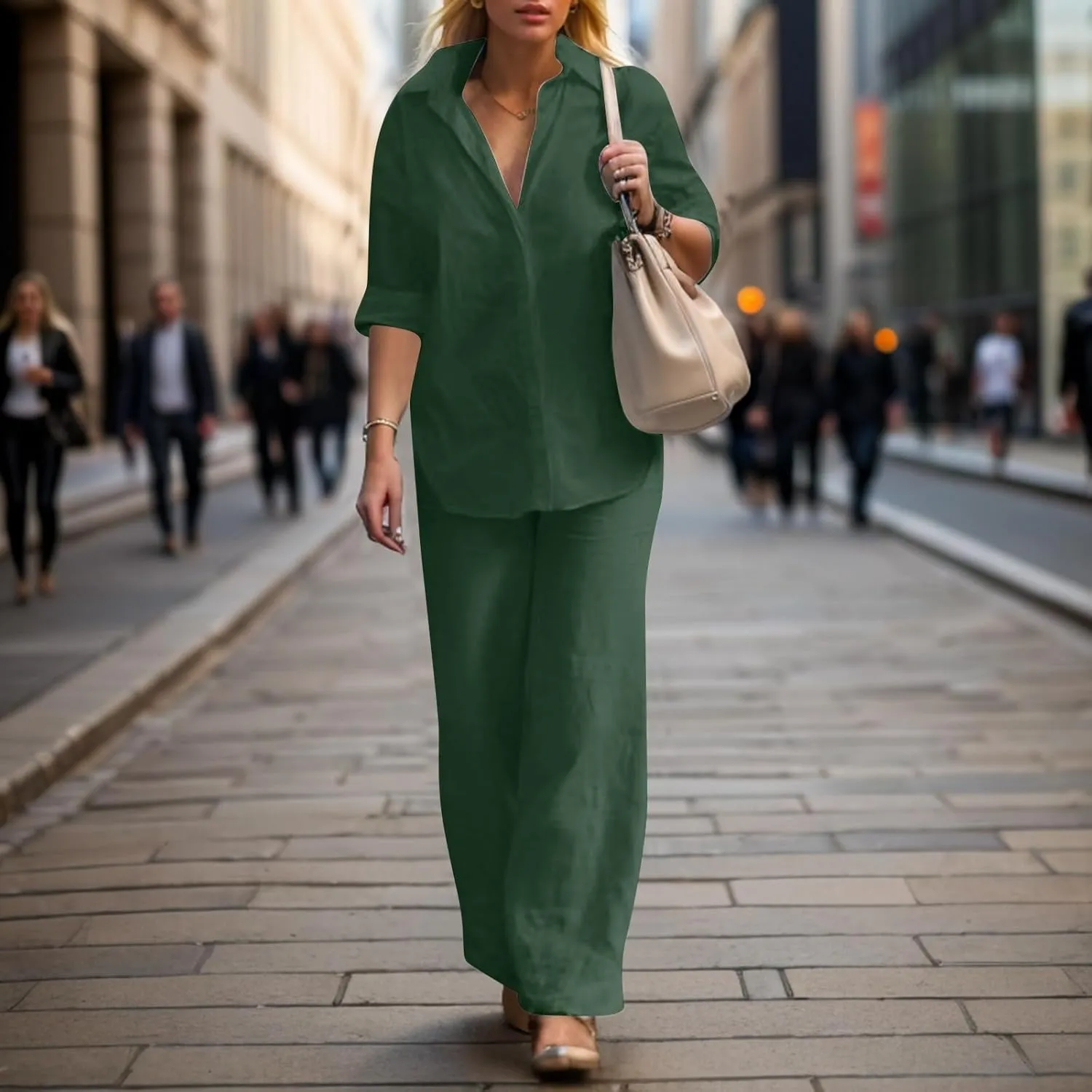 2 Piece Linen Sets for Women Straight Wide Leg Pants Set Short Sleeve T-Shirt Casual Outfits Comfy Loungewear