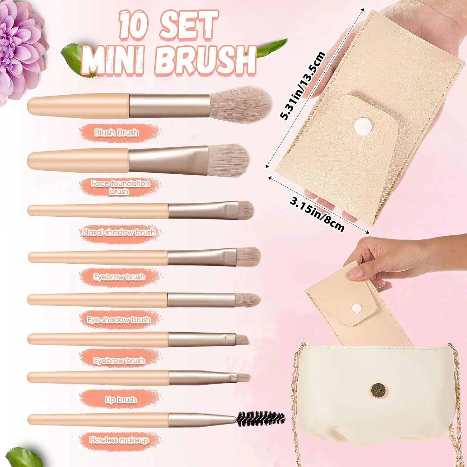 20 Pcs Travel Makeup Brush Set, 10 Pcs Mini Travel Brush Set with Bag, 10 Pcs Makeup Sponge Princess Party Favor Set for Women Girl Home Business Party Souvenirs(Nude)
