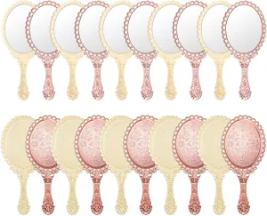 20 Pcs Vintage Handheld Mirrors, 9.8" L x 4.5" W Portable Hand Held Embossed Flower Retro Compact Mirror with Handle for Women Face Makeup Travel(Beige, Rose Gold)