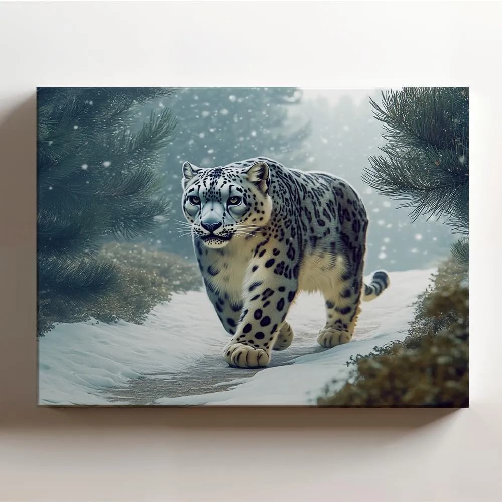(20 x 16 x 1.25 IN) Gallery Wrapped Canvas Wall Art Print of Street Art : Stunning Snow Leopard Panther Walking Through a Misty Pine Forest on a Snowy Path, Capturing the Beauty and - 925UNCAi459103WH