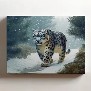 (20 x 16 x 1.25 IN) Gallery Wrapped Canvas Wall Art Print of Street Art : Stunning Snow Leopard Panther Walking Through a Misty Pine Forest on a Snowy Path, Capturing the Beauty and - 925UNCAi459103WH