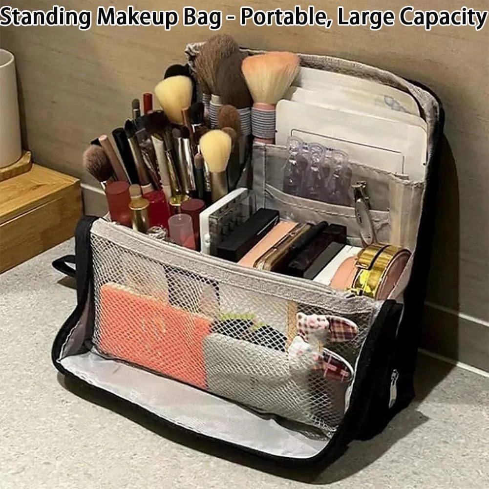 2025 Releveantoe Standing Makeup Bag – Portable, Large Capacity, Stand Up Makeup Bag, Multiple Compartments Keep Makeup And Tools Neatly Sorted (Black-Oxford, Only Bag)