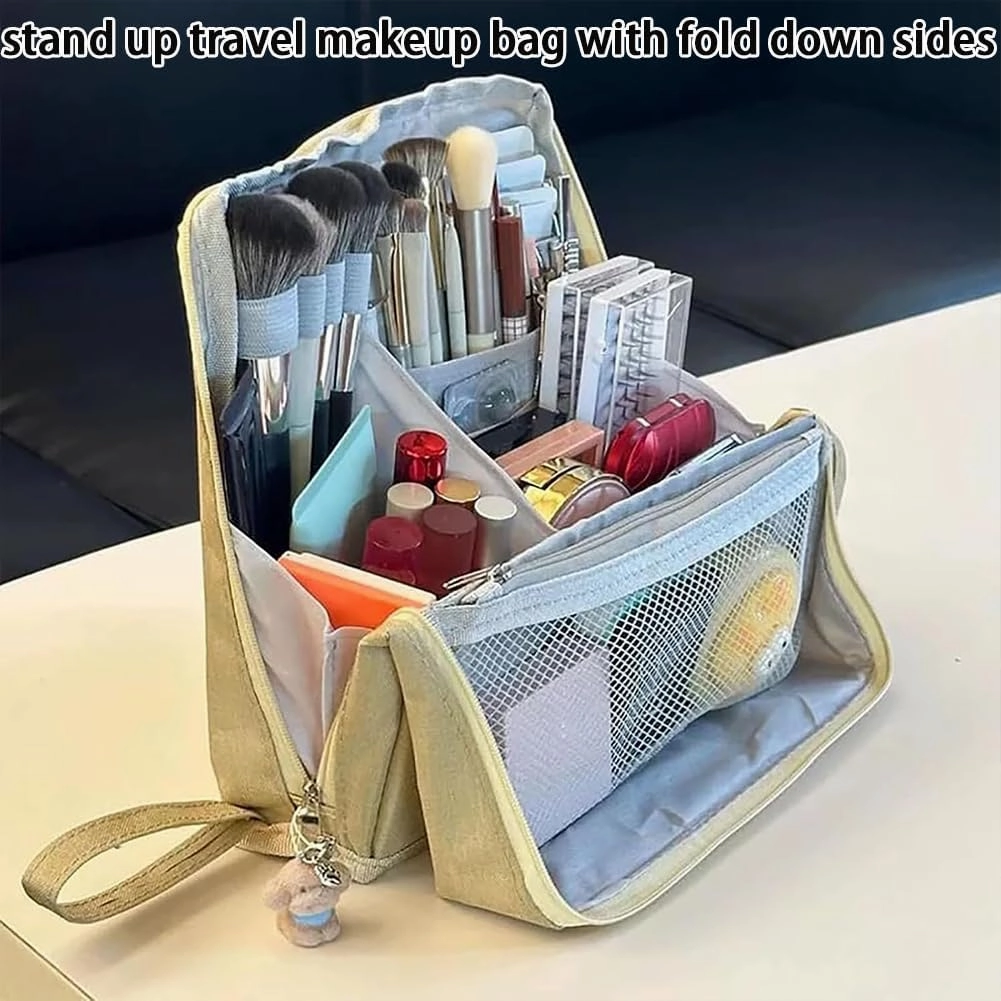 2025 Releveantoe Standing Makeup Bag – Portable, Large Capacity, Stand Up Makeup Bag, Multiple Compartments Keep Makeup And Tools Neatly Sorted (Black-Oxford, Only Bag)