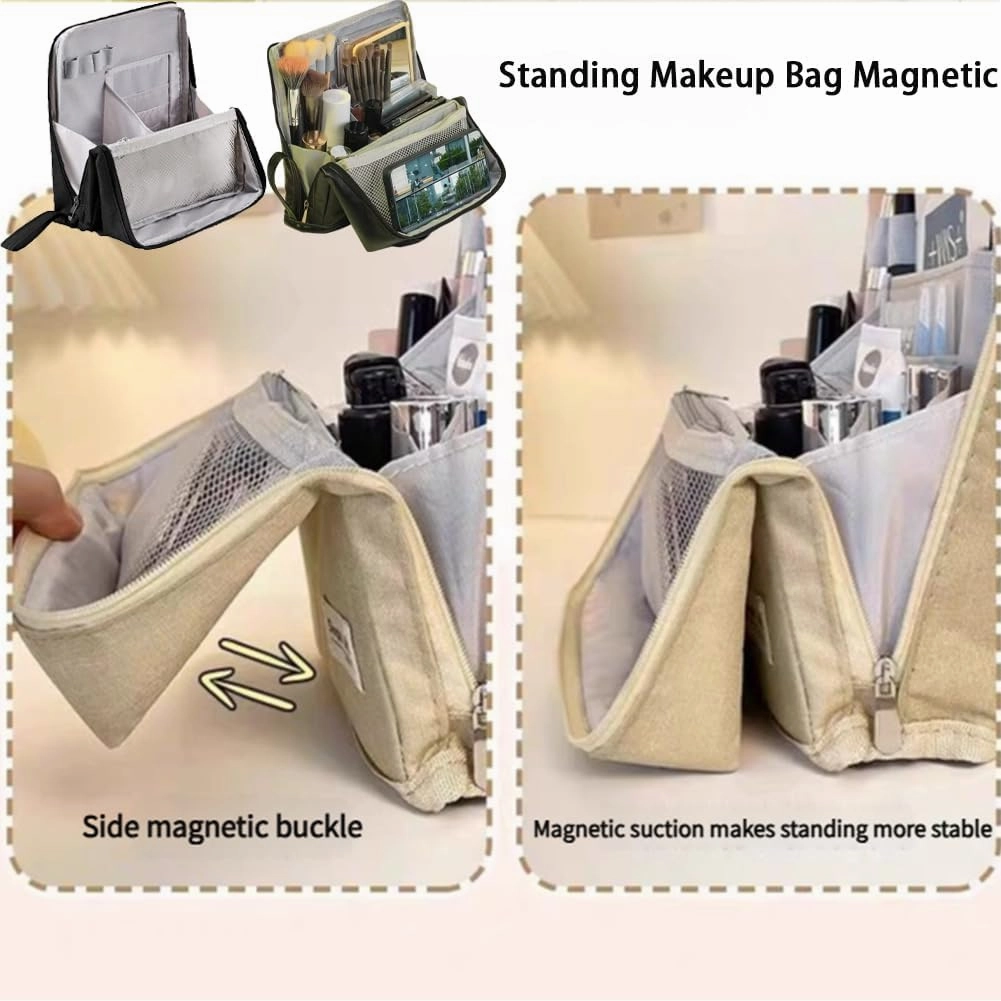 2025 Releveantoe Standing Makeup Bag – Portable, Large Capacity, Stand Up Makeup Bag, Multiple Compartments Keep Makeup And Tools Neatly Sorted (Black-Oxford, Only Bag)
