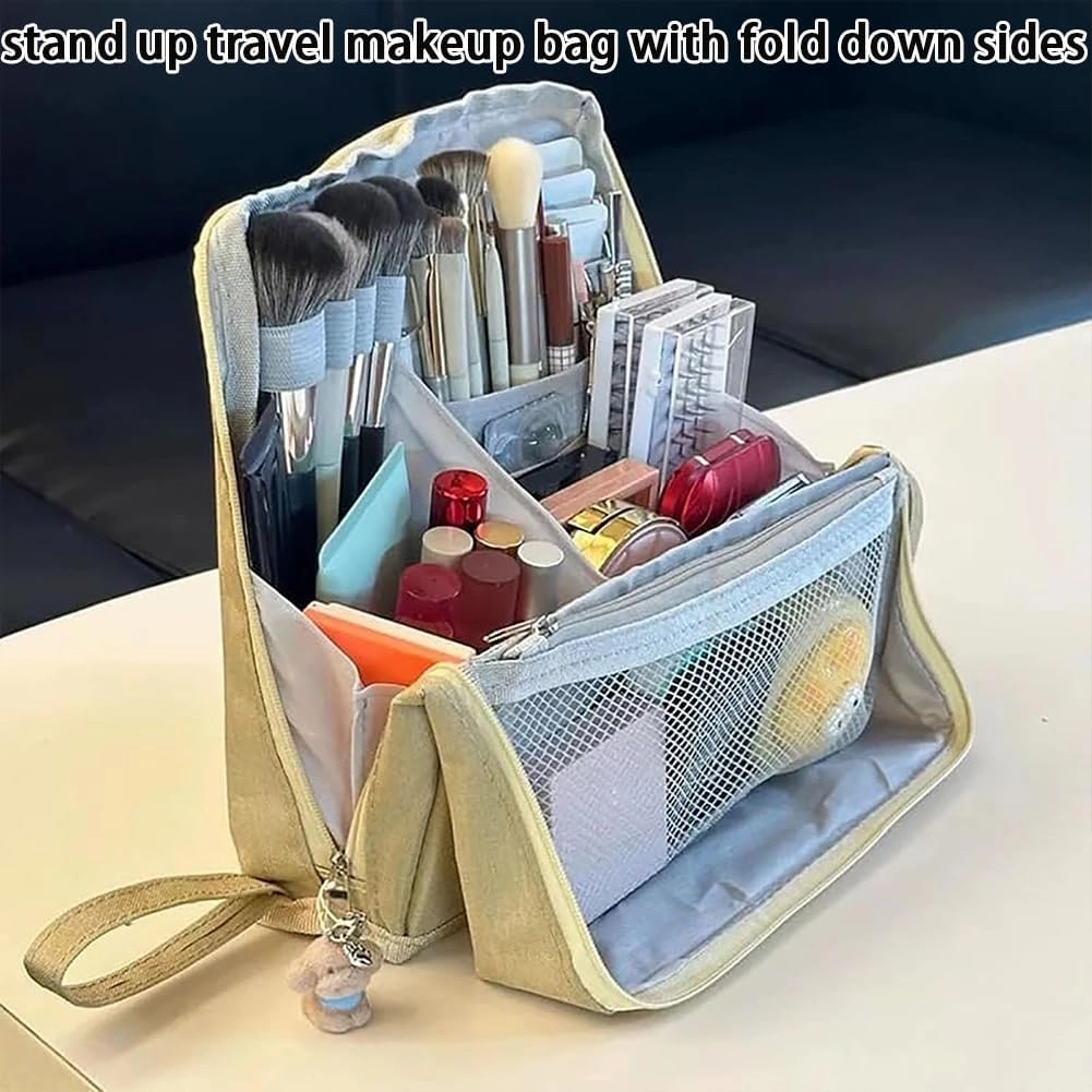 2025 Releveantoe Standing Makeup Bag – Portable, Large Capacity, Stand Up Makeup Bag, Multiple Compartments Keep Makeup And Tools Neatly Sorted (Navy-Oxford, Only Bag)