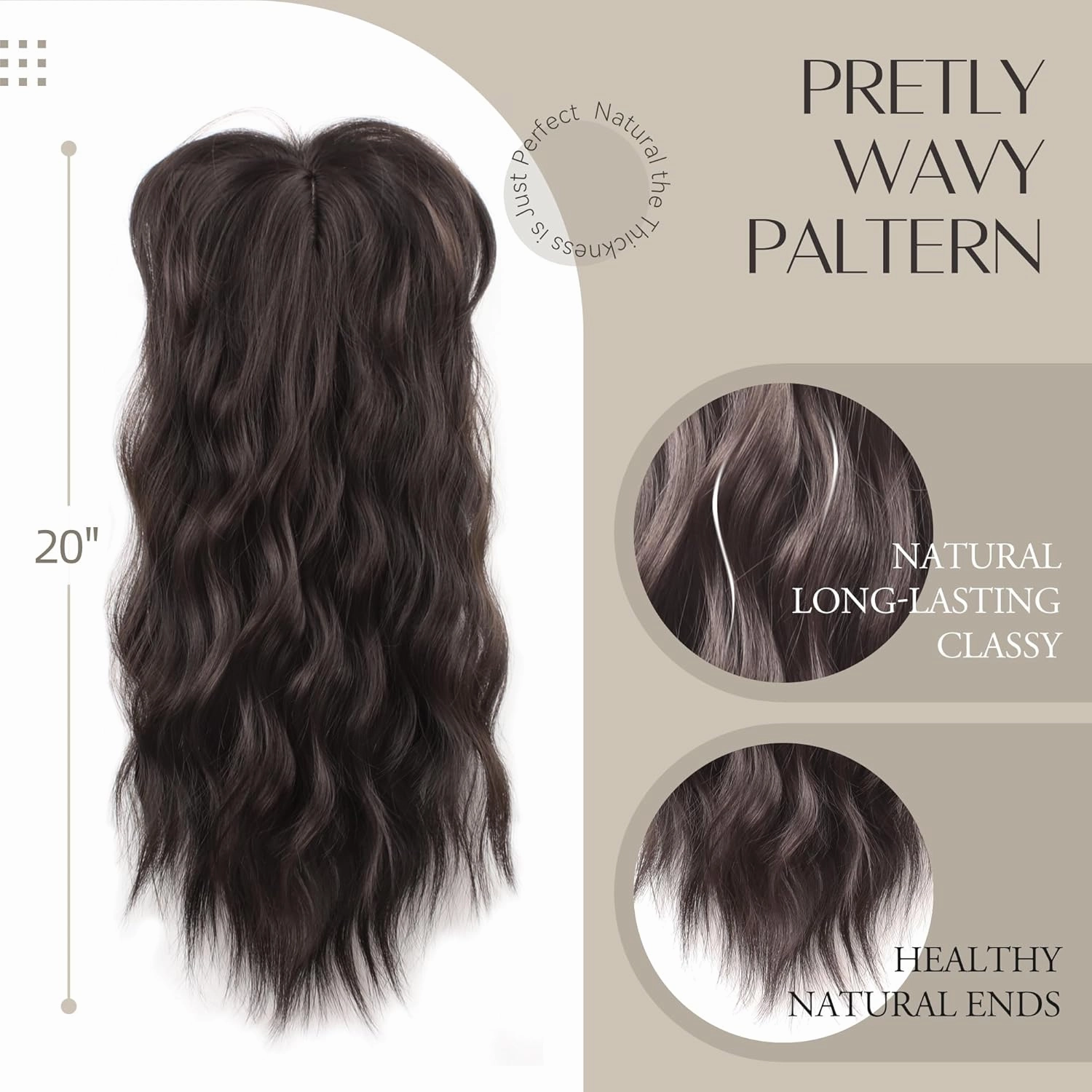20in Wavy Curl Clip-In Hair Toppers for Women with Thinning Hair - Black Brown Synthetic Wiglets with Fringe Bang, Adds Volume
