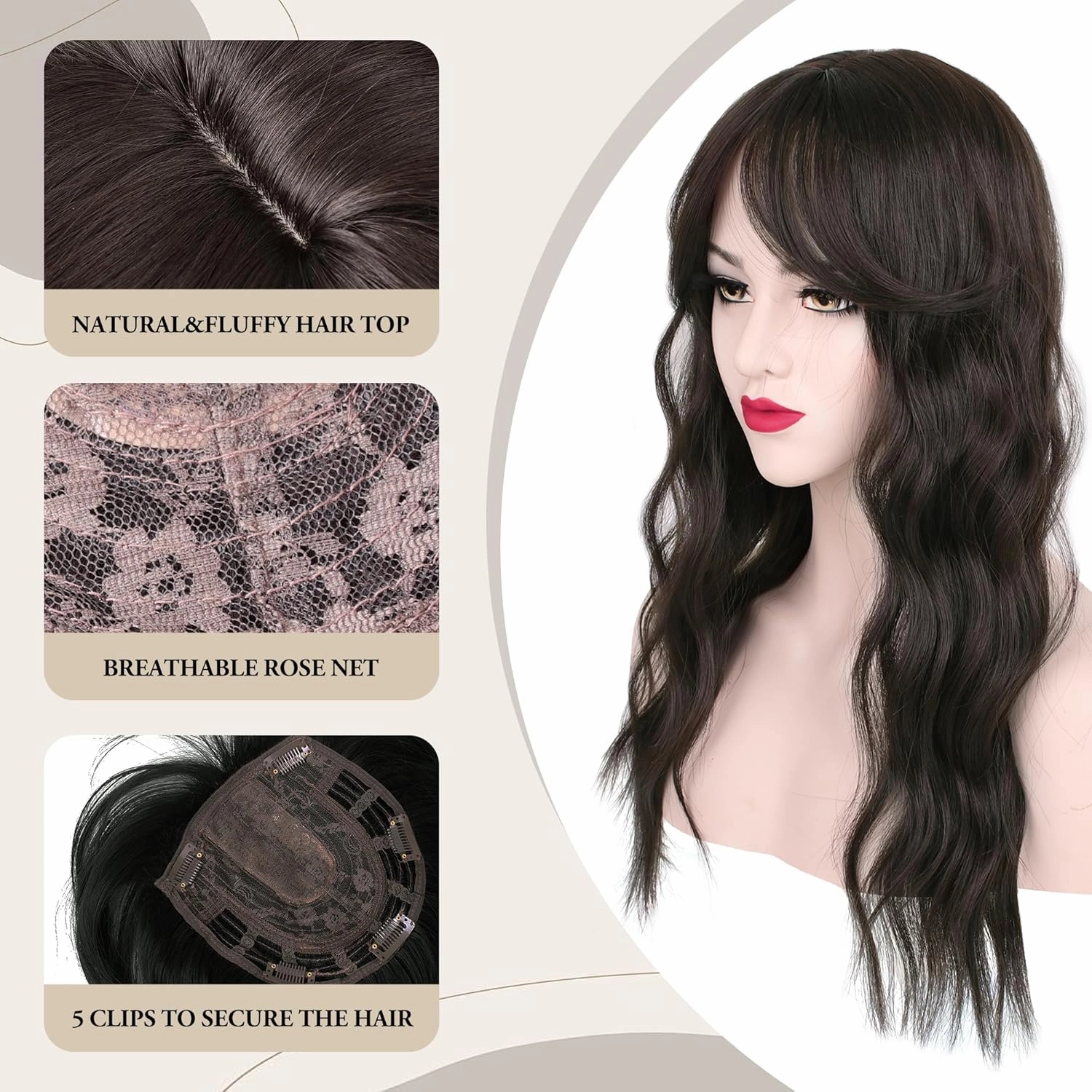 20in Wavy Curl Clip-In Hair Toppers for Women with Thinning Hair - Black Brown Synthetic Wiglets with Fringe Bang, Adds Volume