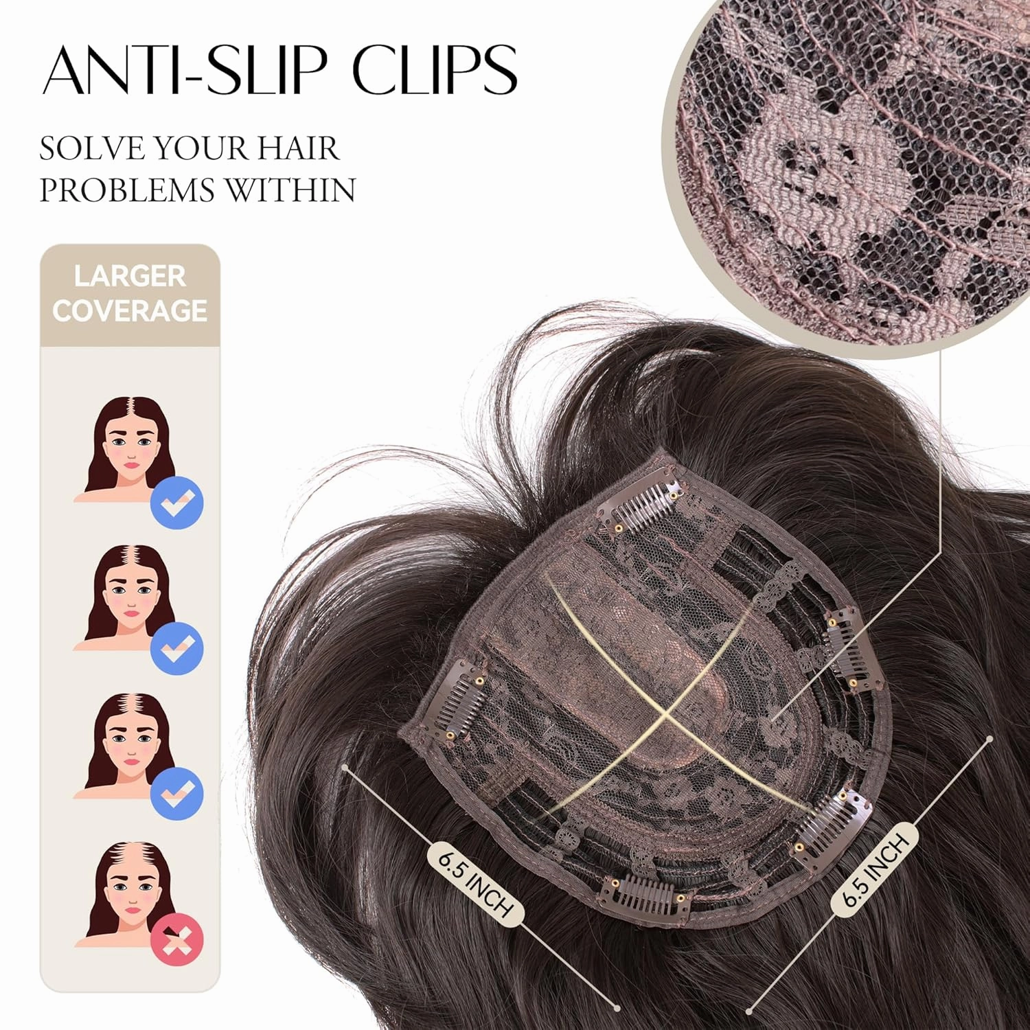 20in Wavy Curl Clip-In Hair Toppers for Women with Thinning Hair - Black Brown Synthetic Wiglets with Fringe Bang, Adds Volume