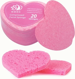 20PCS Heart Shaped Compressed Face Sponges for Cleansing – Natural Cellulose Facial Wash Pads for Exfoliating & Reusable Skincare, Pink and Yellow Cosmetic Puffs, 10cm (Pink)