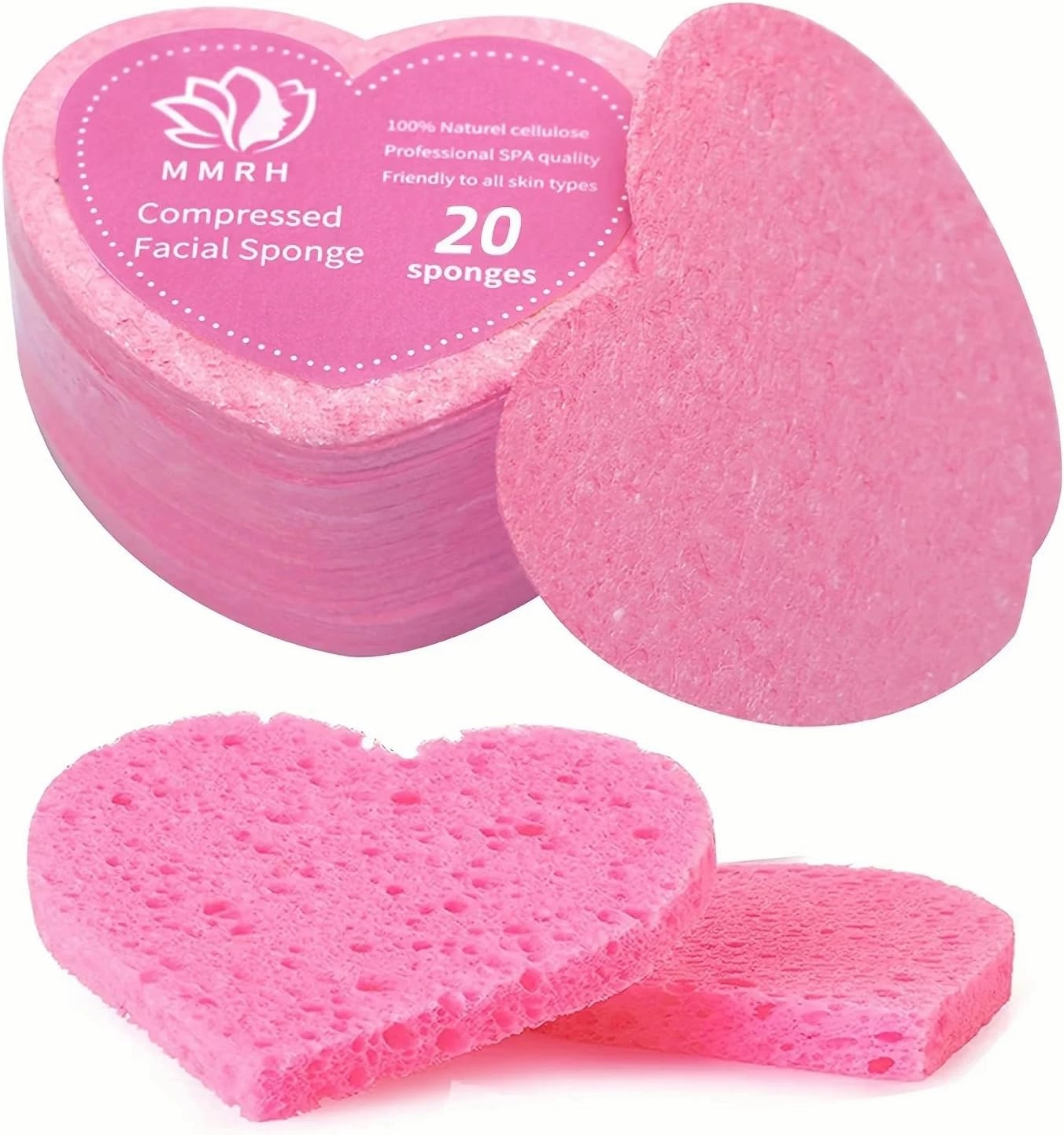 20PCS Heart Shaped Compressed Face Sponges for Cleansing – Natural Cellulose Facial Wash Pads for Exfoliating & Reusable Skincare, Pink and Yellow Cosmetic Puffs, 10cm (Pink)