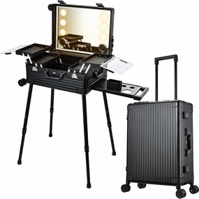 22'' Aluminum Trolley Rolling Makeup Train Case with LED Light Mirror Professional Cosmetic Travel Box with Bluetooth Speaker Make up Cosmetic Organizer Studio Nail Salon Beauty Vanity Black