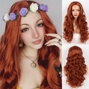24inch Dark Orange Wig Body Wave Natural Hair Heat Resistant Synthetic Lace Front Wigs Flawless Hairline Cosplay Makeup for Drag Queen Free Part Women Wigs Long Hair Replacement Wig