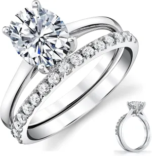 2.5 Carat Oval Moissanite Bridal Set Engagement Wedding Ring 18K White Gold Over Silver 9MM