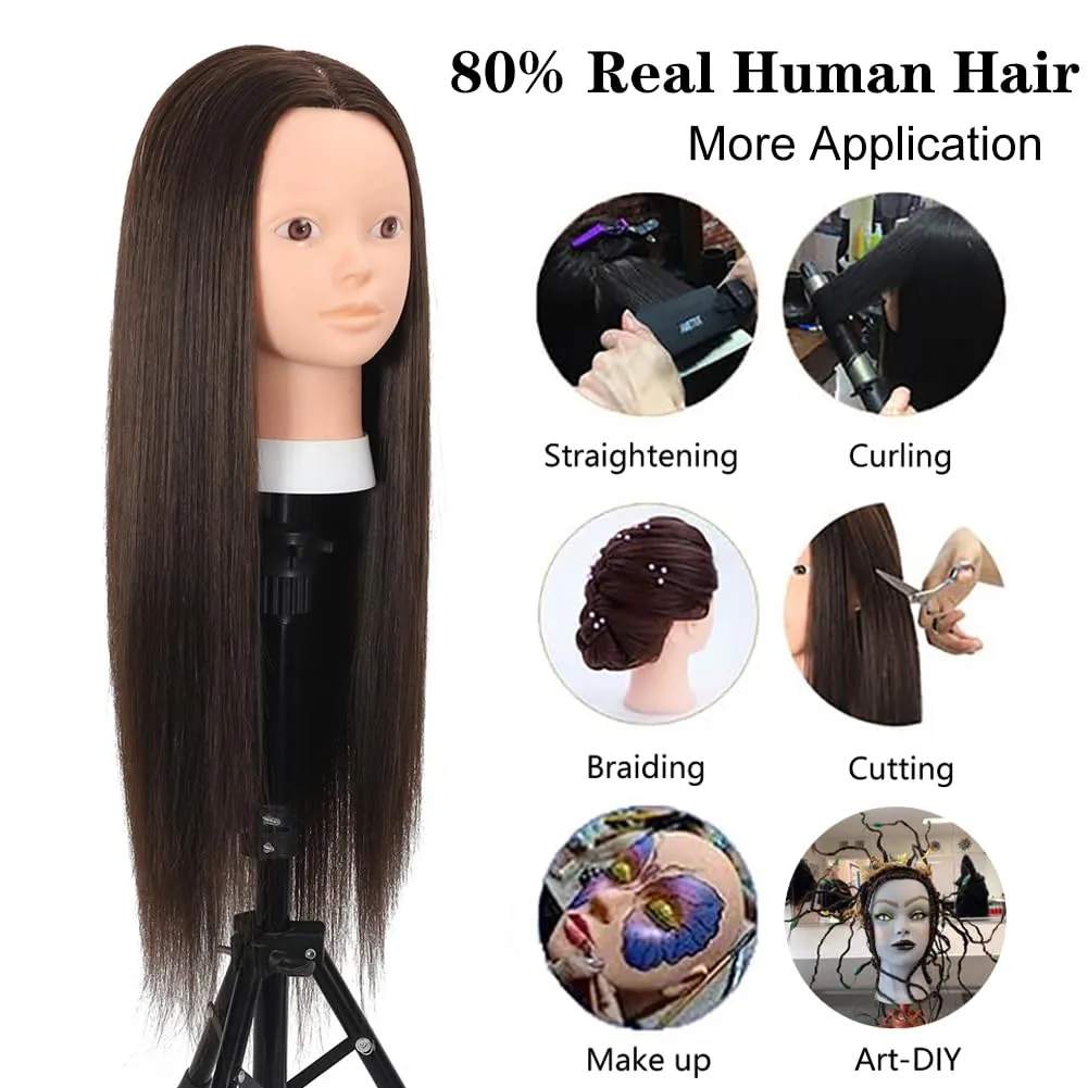 26 Inch Mannequin Head 80% Real Human Hair Styling Mannequin Doll Head Human Hair for Hairdresser Practice Hair and Makeup With Free Clamp (#4 No Makeup)