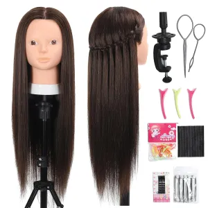 26 Inch Mannequin Head 80% Real Human Hair Styling Mannequin Doll Head Human Hair for Hairdresser Practice Hair and Makeup With Free Clamp (#4 No Makeup)