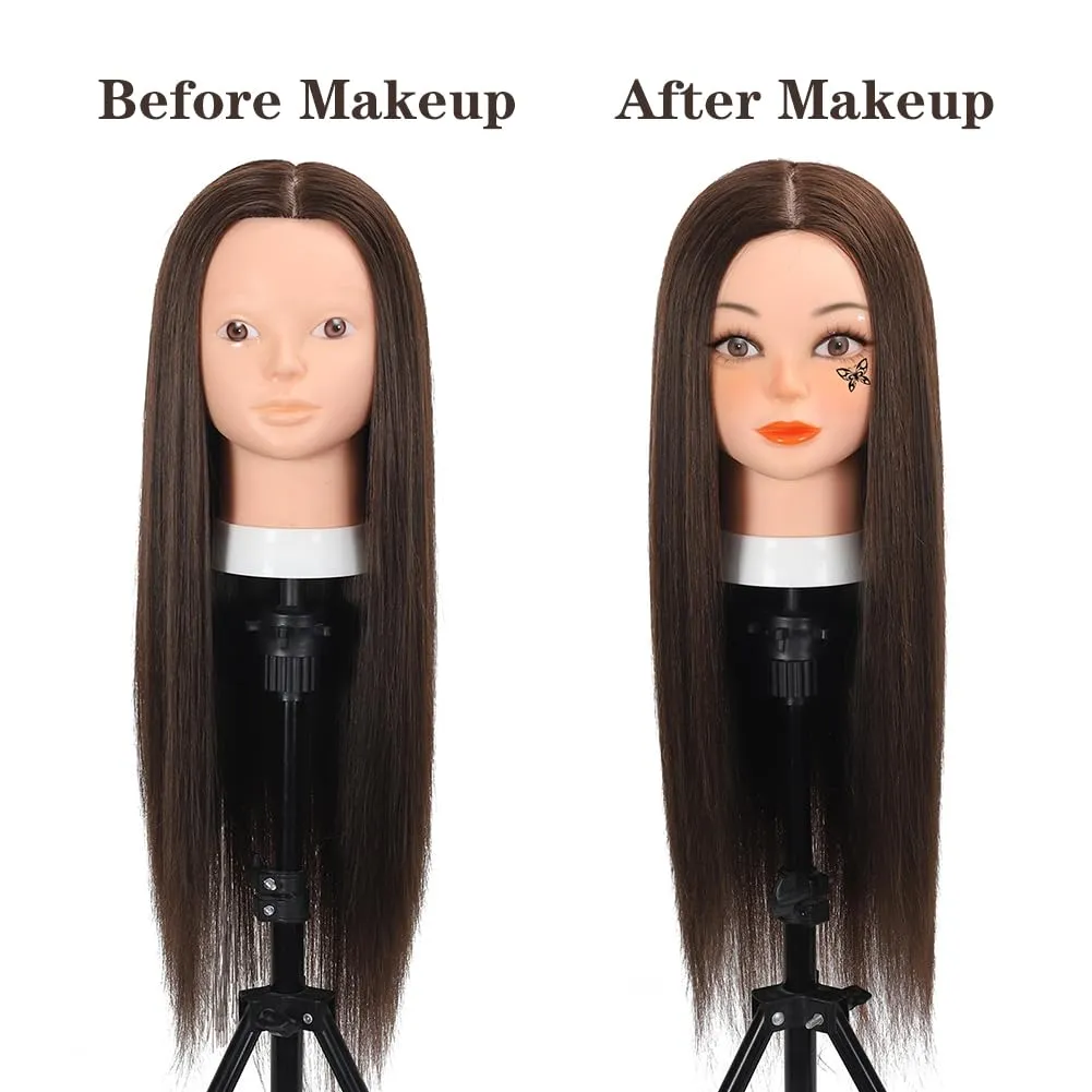 26 Inch Mannequin Head 80% Real Human Hair Styling Mannequin Doll Head Human Hair for Hairdresser Practice Hair and Makeup With Free Clamp (#4 No Makeup)