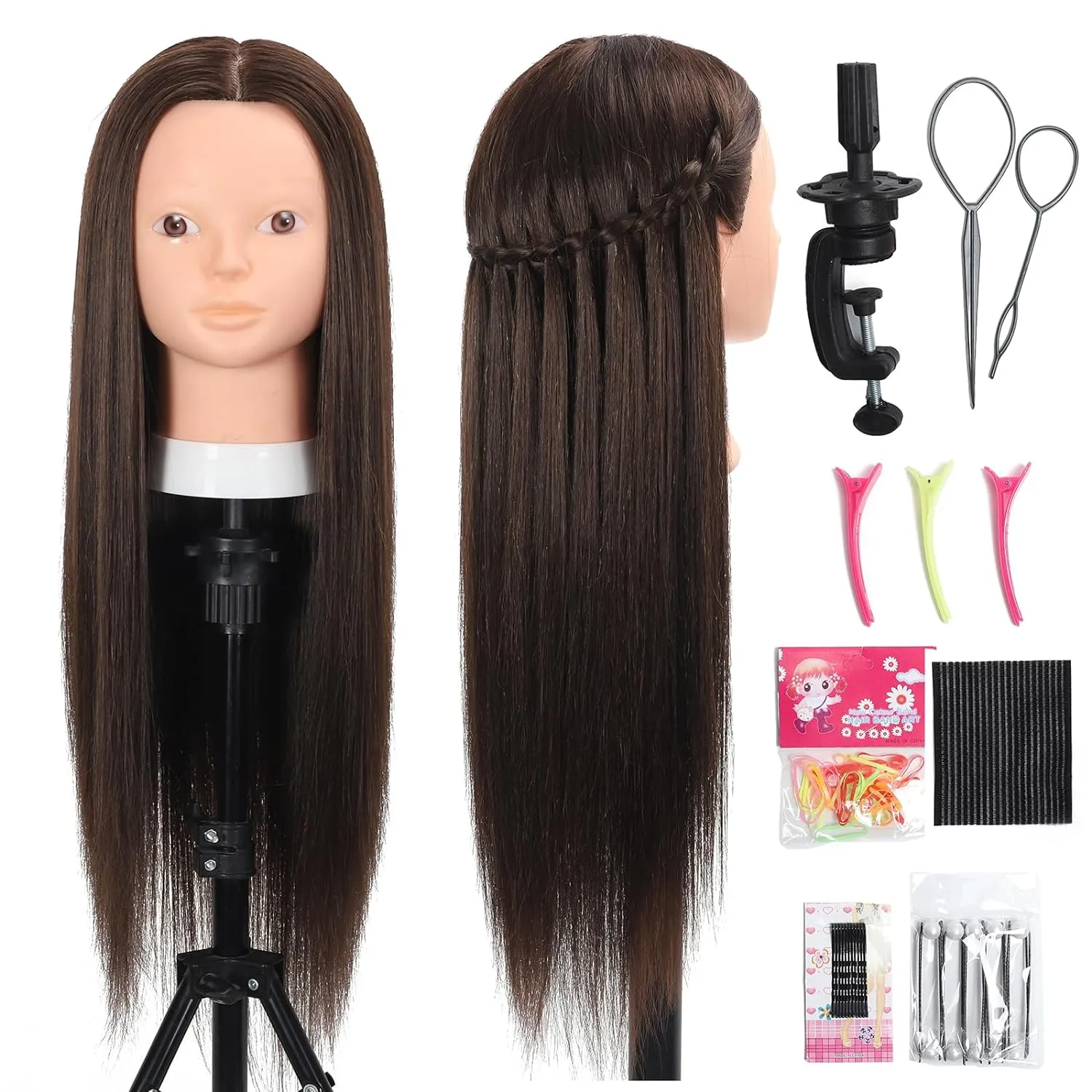26 Inch Mannequin Head 80% Real Human Hair Styling Mannequin Doll Head Human Hair for Hairdresser Practice Hair and Makeup With Free Clamp (#4 No Makeup)
