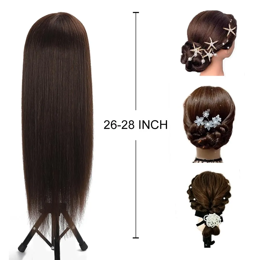 26 Inch Mannequin Head 80% Real Human Hair Styling Mannequin Doll Head Human Hair for Hairdresser Practice Hair and Makeup With Free Clamp (#4 No Makeup)