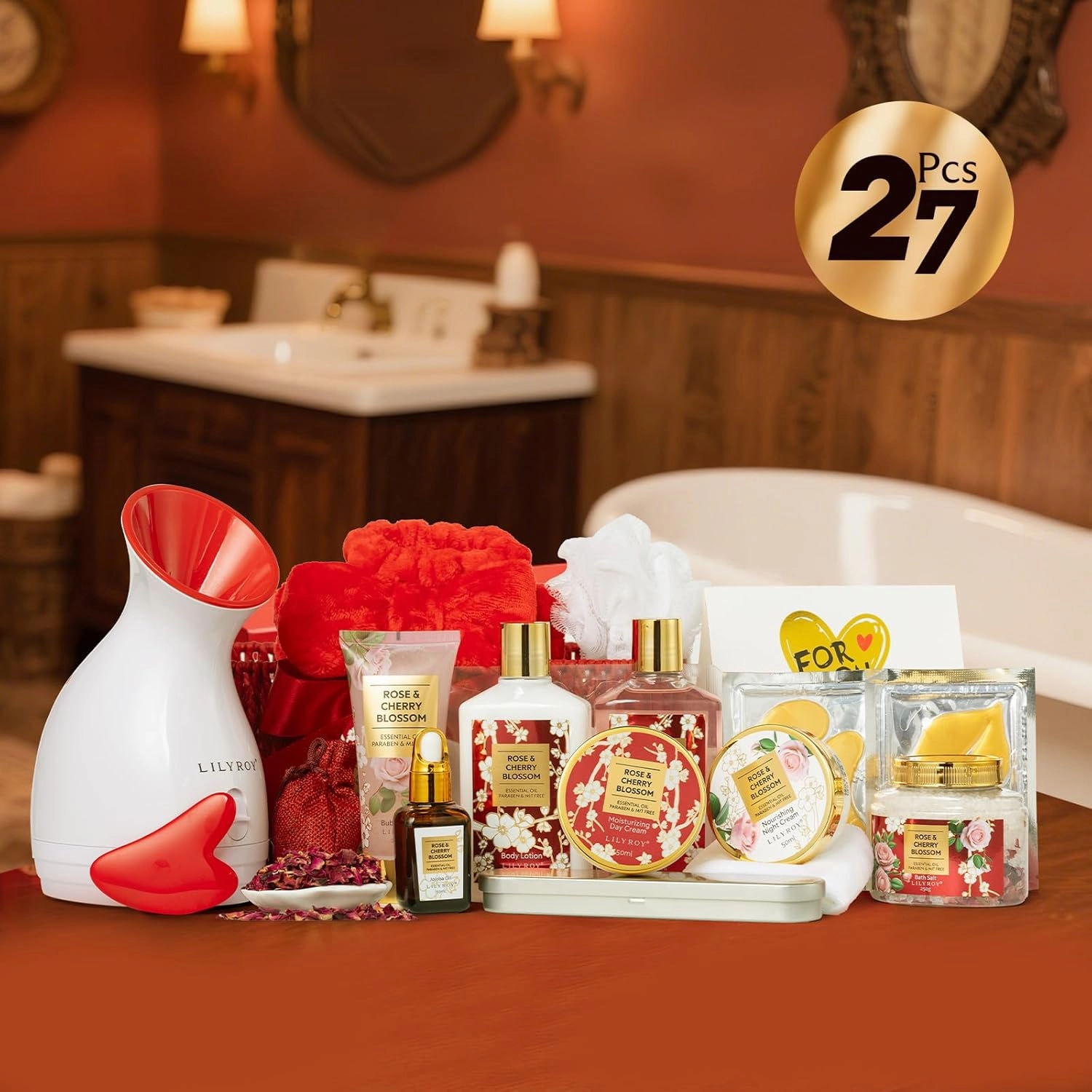 27 Pcs Bath and Body Gifts Basket Set - Rose Spa Gifts Set Skin Care Set for Women, Gift Baskets Set for Mothers Day Mom | Perfect Gifts for Christmas, Birthday, Valentines Day All Occasion Present