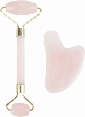 2-in-1 Anti Aging face Natural Crystal Massager -Natural Double Head Rose Quartz Jade Stone Roller and Scrapping Plate Face Massage Tool Kit Neck Healing Slimming
