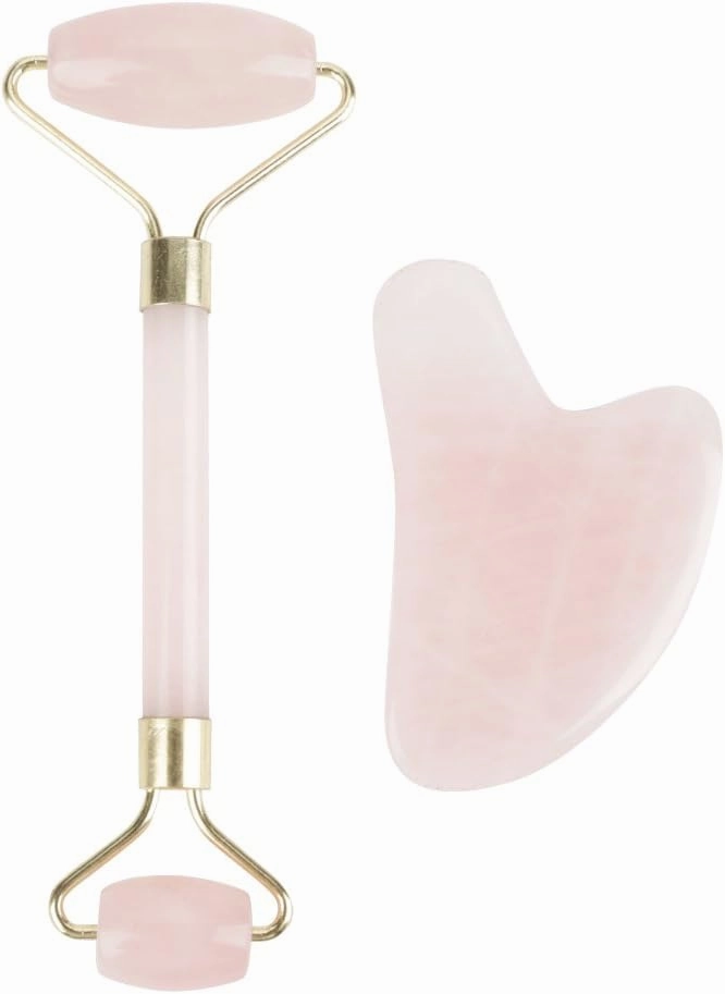 2-in-1 Anti Aging face Natural Crystal Massager -Natural Double Head Rose Quartz Jade Stone Roller and Scrapping Plate Face Massage Tool Kit Neck Healing Slimming