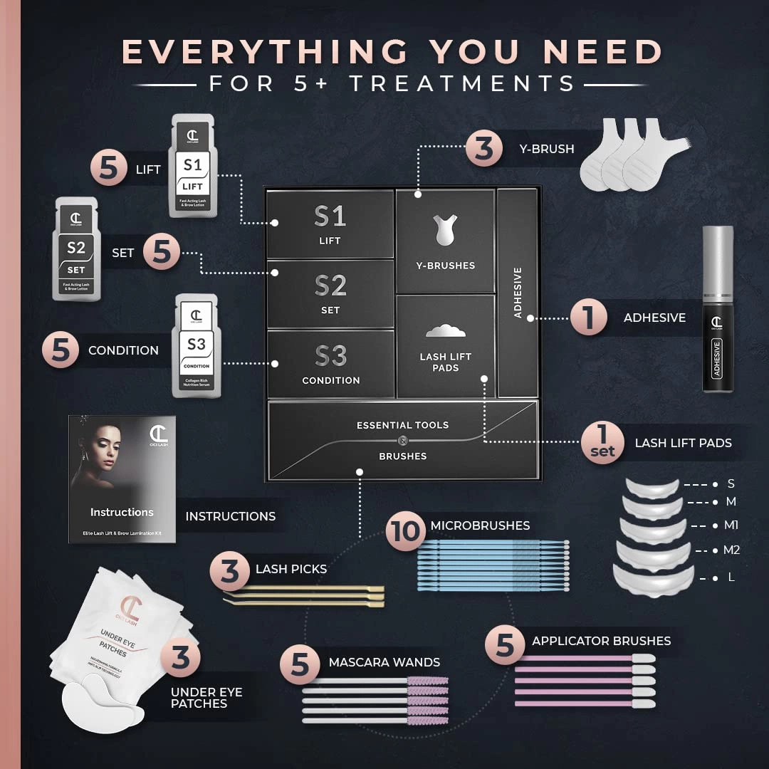 2 in 1 Lash Lift Kit and Brow Lamination Kit | Instant Perming, Lifting & Curling for Eyelashes & Eyebrows | Professional Salon Results Lasting 6-8 Weeks | Includes Glue & Supplies for 5  Treatments