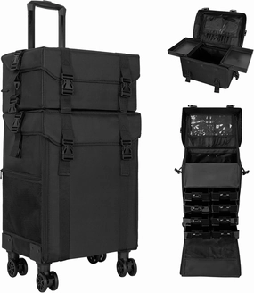 2 in 1 Makeup Travel Case with Wheels, Rolling Cosmetic Organizer Train Case with Drawer Bins