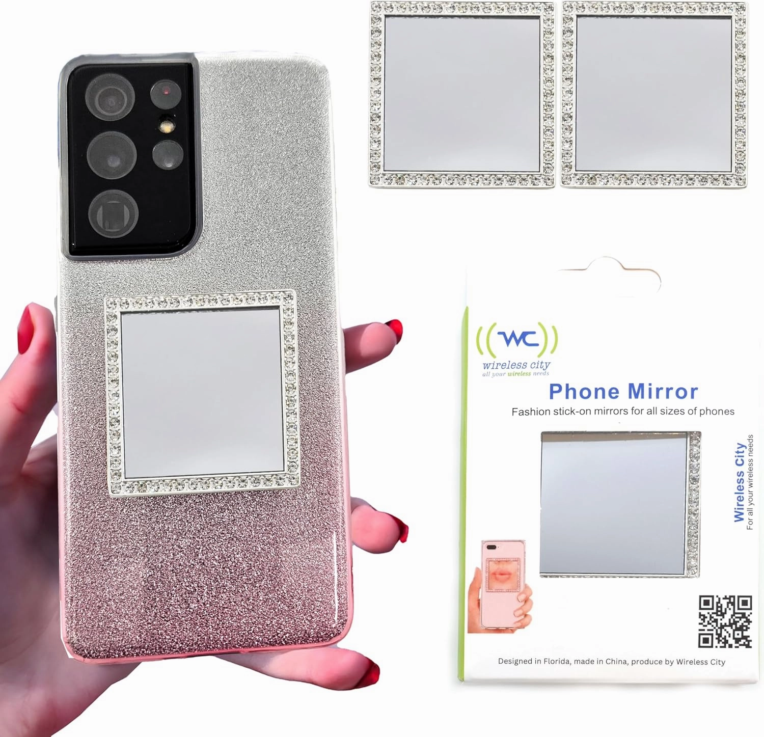 2 Pack Silver Phone Mirror - Compact Square Mirror for Phone Case, Stylish Makeup Mirror
