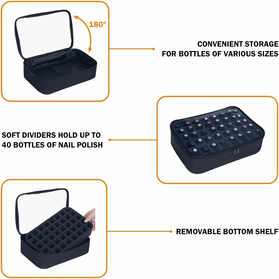 2 Pcs Small Clear Nail Polish Organizer Holds 80 bottles(15ml-0.5fl.oz) Nail Polish Case Multifunctional Nail Polish Bag Organizer, Cosmetic Travel Makeup Bags for Women Black