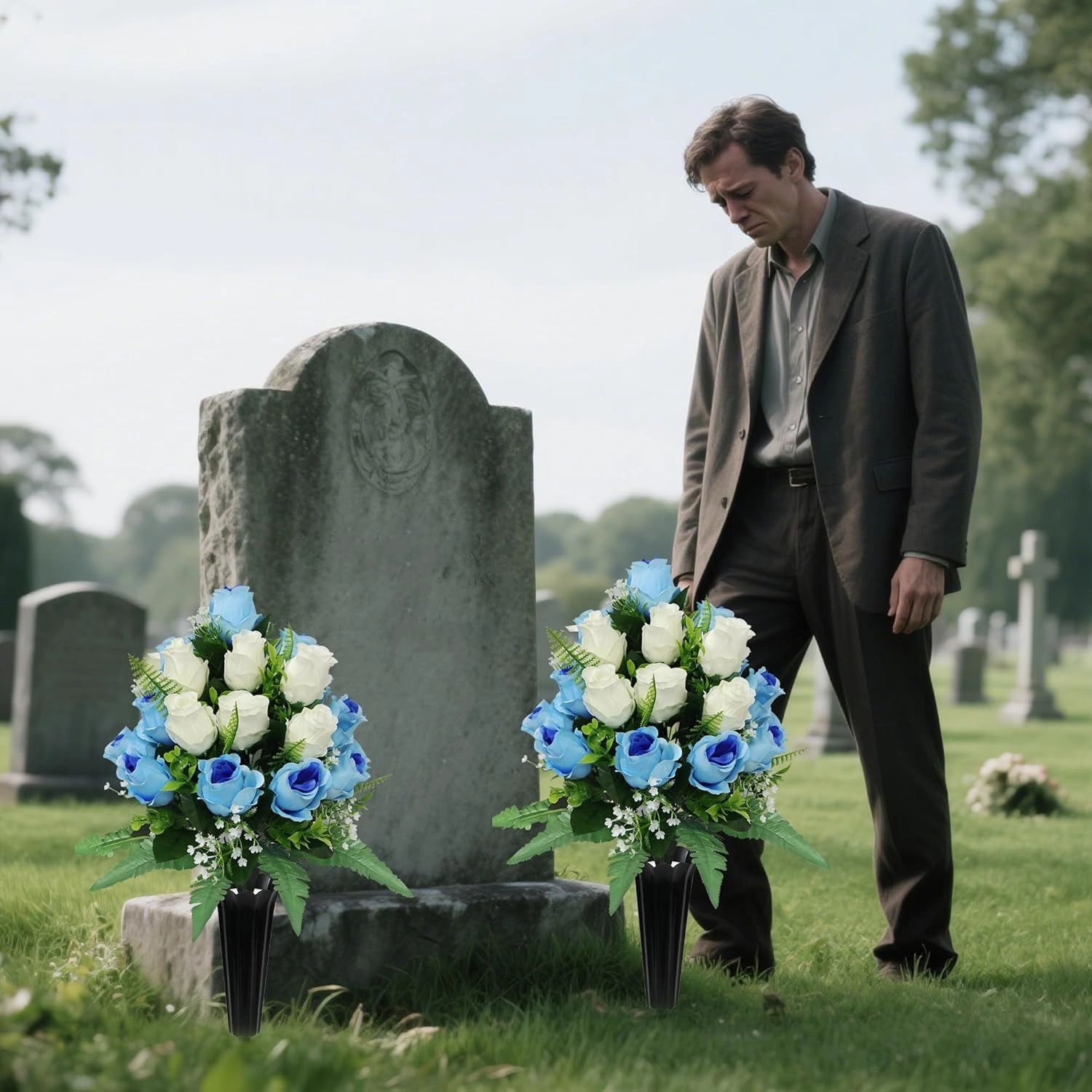 2 Sets Artificial Cemetery Flowers for Grave,Realistic Grave Flowers for Cemetery,Silk Rose with Vase for Headstone Tombstone Decoration Easy fit (Blue White)