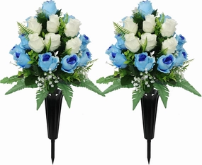 2 Sets Artificial Cemetery Flowers for Grave,Realistic Grave Flowers for Cemetery,Silk Rose with Vase for Headstone Tombstone Decoration Easy fit (Blue White)