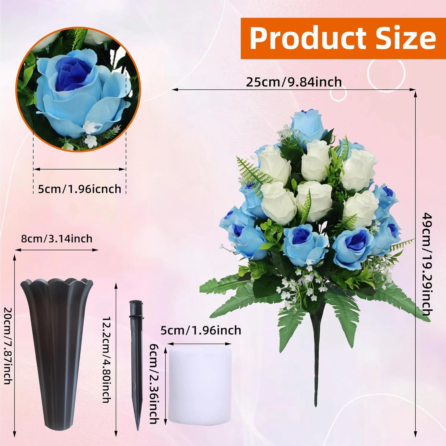 2 Sets Artificial Cemetery Flowers for Grave,Realistic Grave Flowers for Cemetery,Silk Rose with Vase for Headstone Tombstone Decoration Easy fit (Blue White)