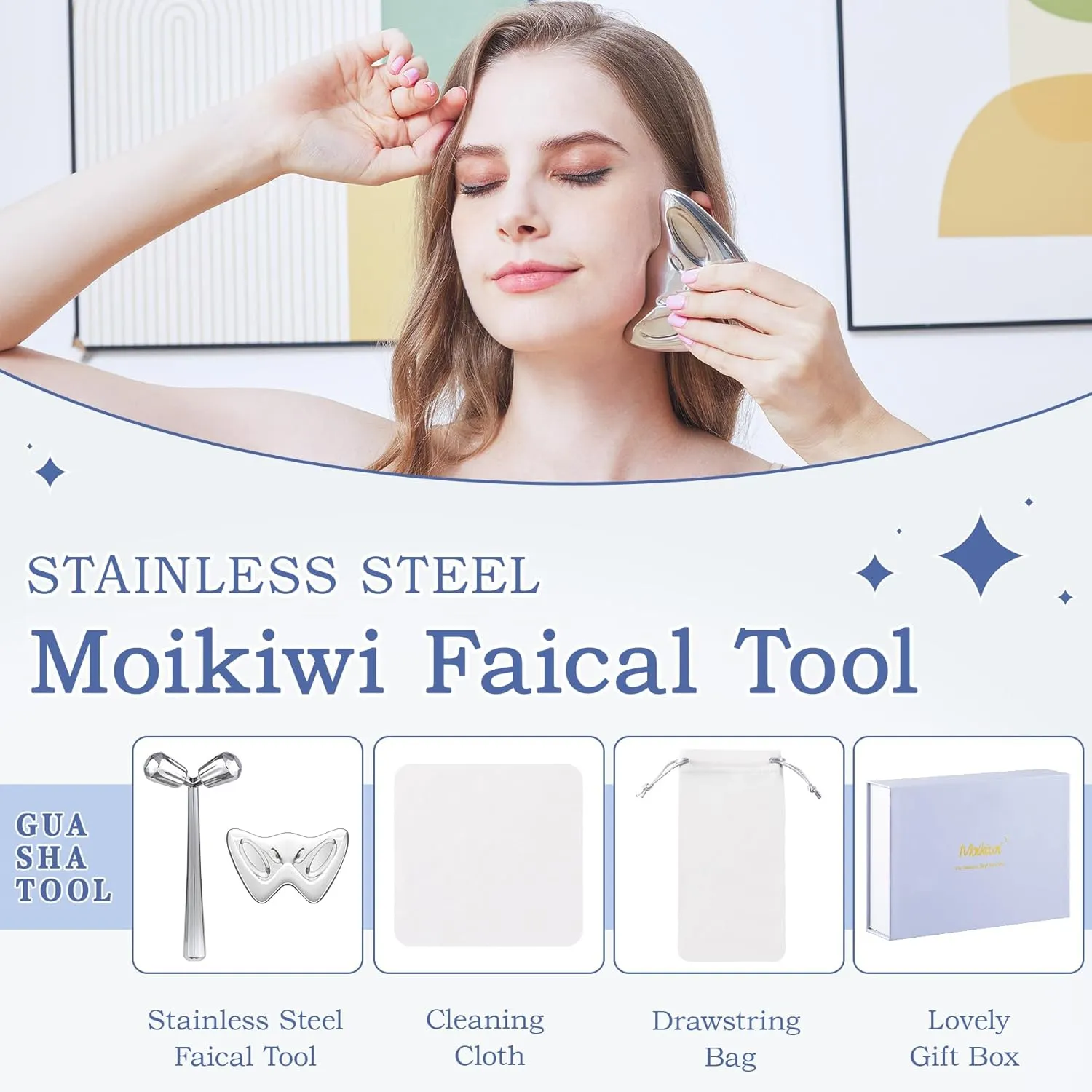 2PCS Gua Sha Cooling Facial Tool, Stainless Steel Massage Tool, Scraper Tool for Soft Tissue Physical Therapy Stuff, Guasha Beauty Tool for Body Eyes Neck, HD