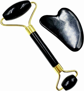 2pcs 100% Real Jade Face Roller and Gua Sha Tool Set for Skin Eyes Facial Lift Reduce Wrinkles - Black