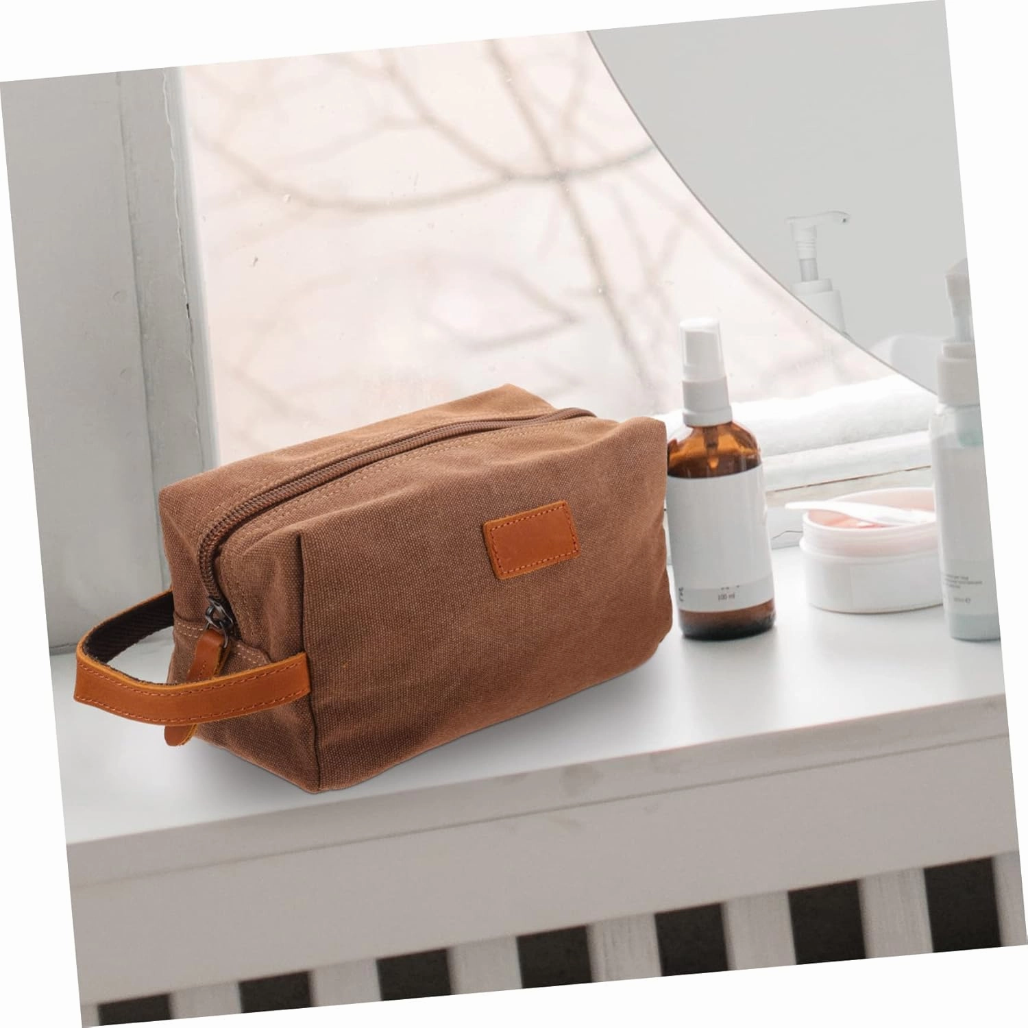 2pcs Canvas Practical Clutch Shaving Retro Storage Pouch Cosmetic Travel Kit Bag Makeup for Leather, Coffee, 10X13X24CM