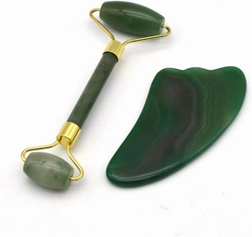 2pcs-Green Aventurine Jade Roller and Guasha Board,Gua Sha Scraping Massage Tools,Natural Jade Facial Roller,SPA Acupuncture Therapy Tools,Anti-Aging Beauty Tool